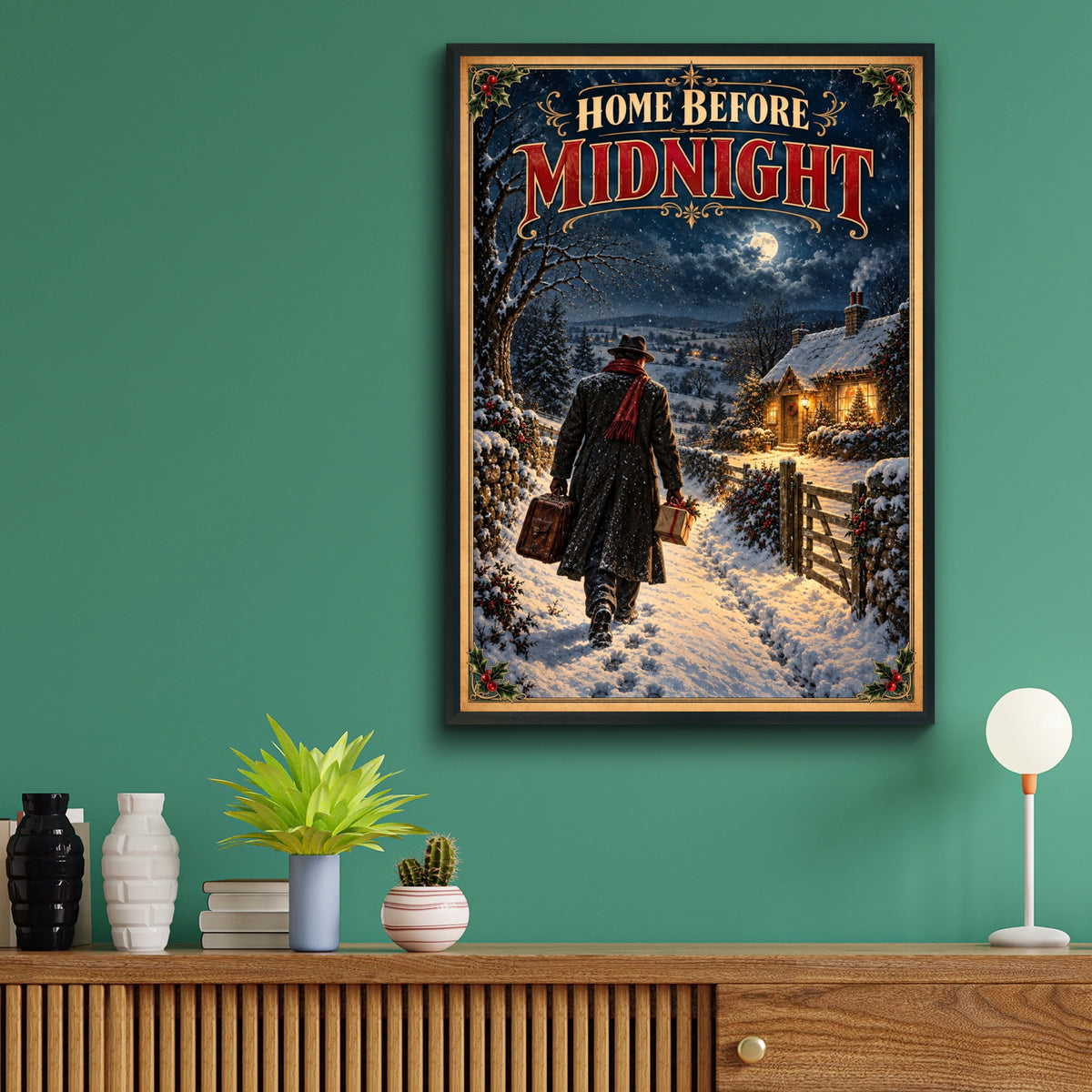 Home Before Midnight Winter Christmas Poster, Vintage Snowy Cottage Wall Art, Retro Holiday Print