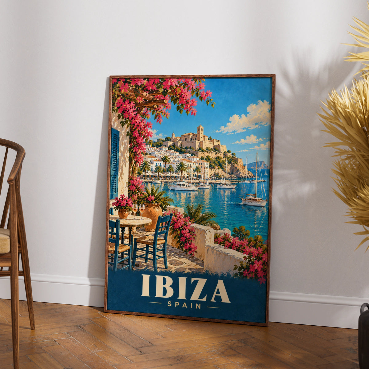 Ibiza Spain Travel Poster, Mediterranean Harbour Wall Art, Vintage Style Print