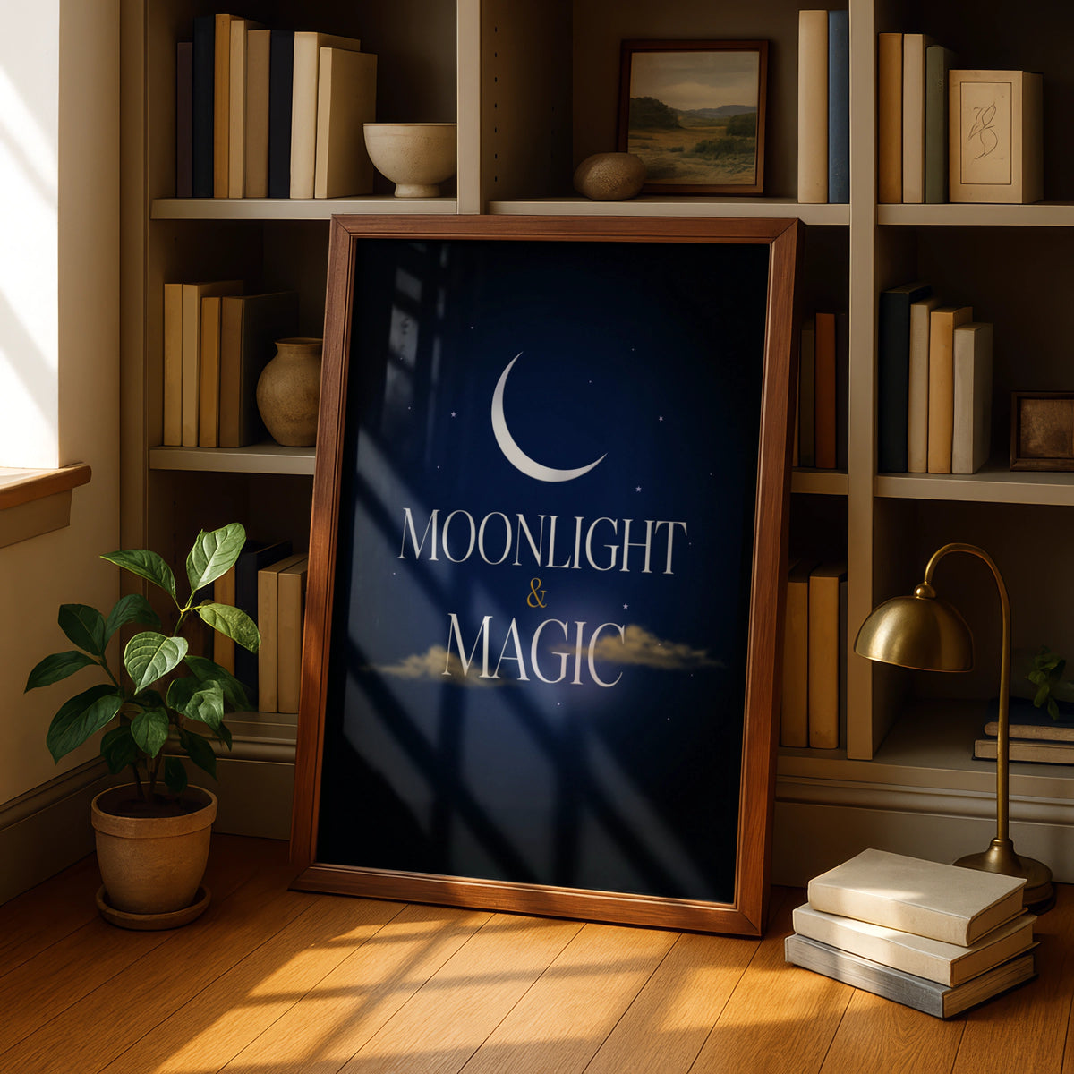 Moonlight and Magic Celestial Poster, Crescent Moon Night Sky Wall Art Print