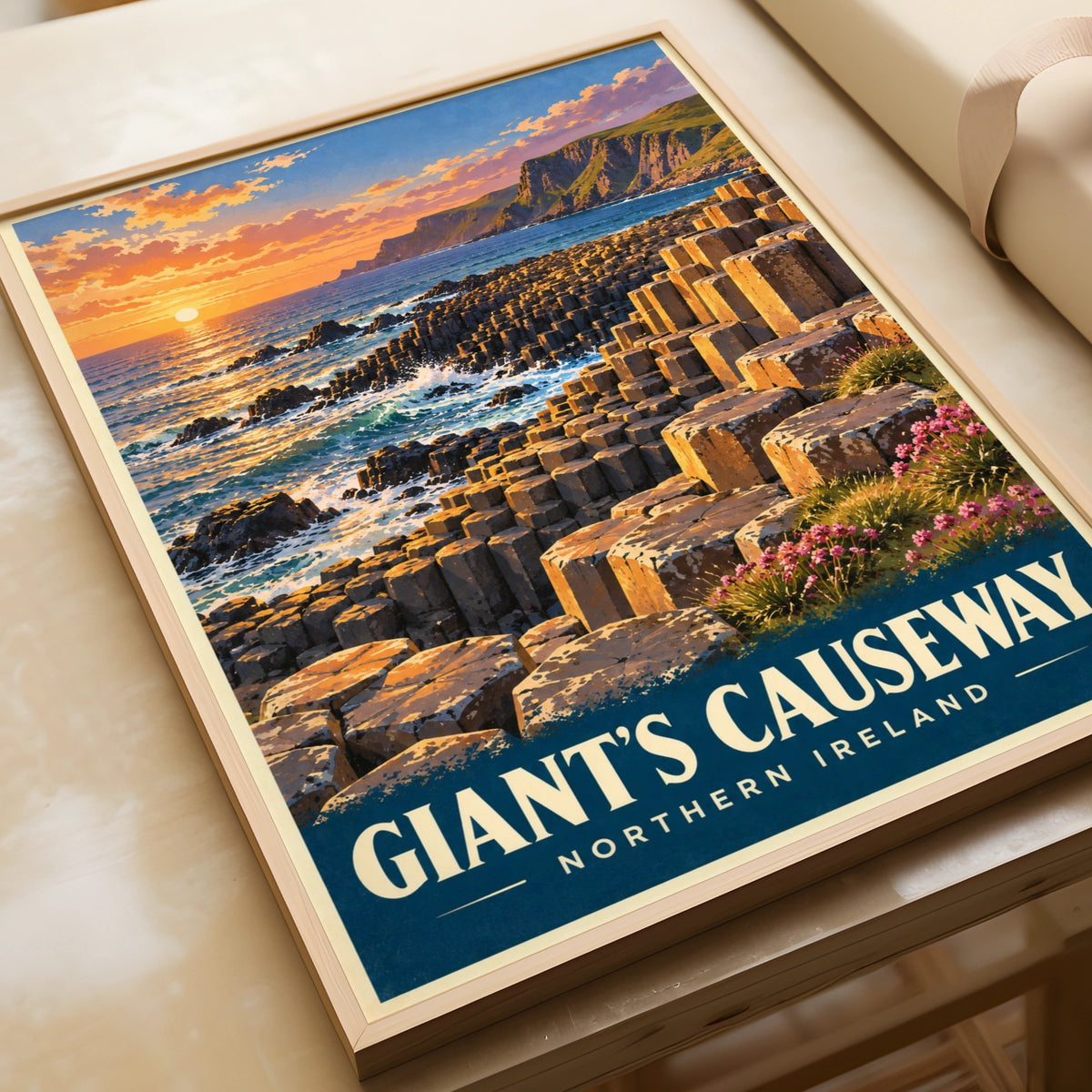 Giant's Causeway Poster, Northern Ireland Travel Print, Retro Coastal Wall Art, Sunset Basalt