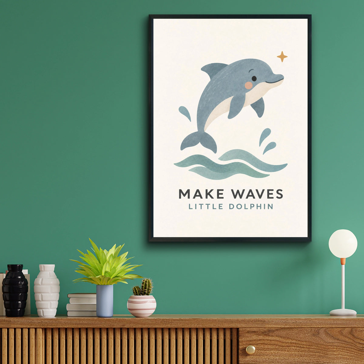 Make Waves Little Dolphin Print, Cute Ocean Nursery Poster, Kids Sea Animal Wall Art