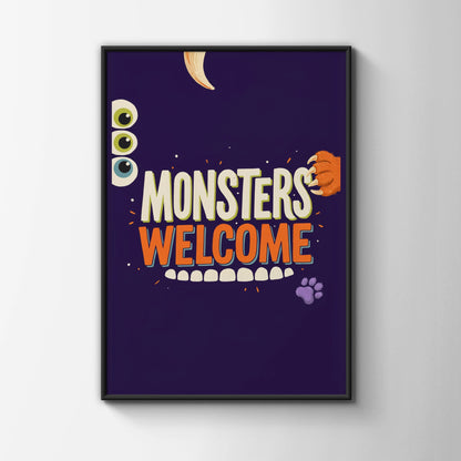 Monsters Welcome Kids Room Poster, Fun Monster Wall Art, Childrens Bedroom Print