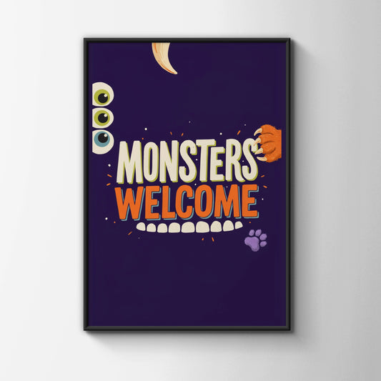 Monsters Welcome Kids Room Poster, Fun Monster Wall Art, Childrens Bedroom Print