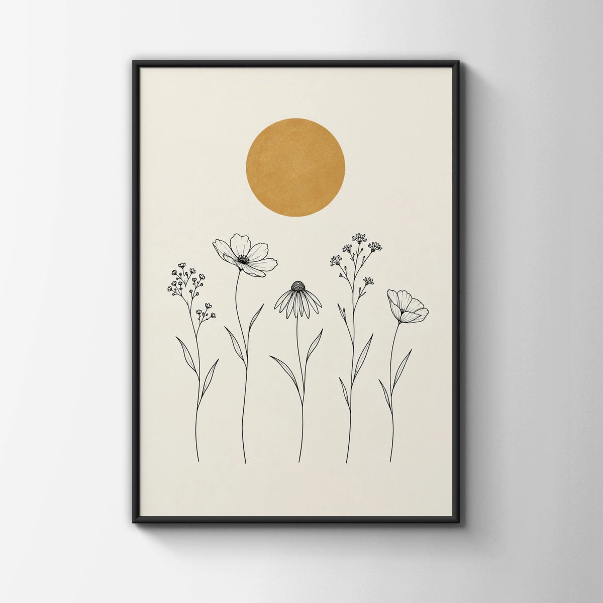 Wildflower Meadow Line Art Print, Gold Sun Botanical Wall Art, Minimalist Floral Poster