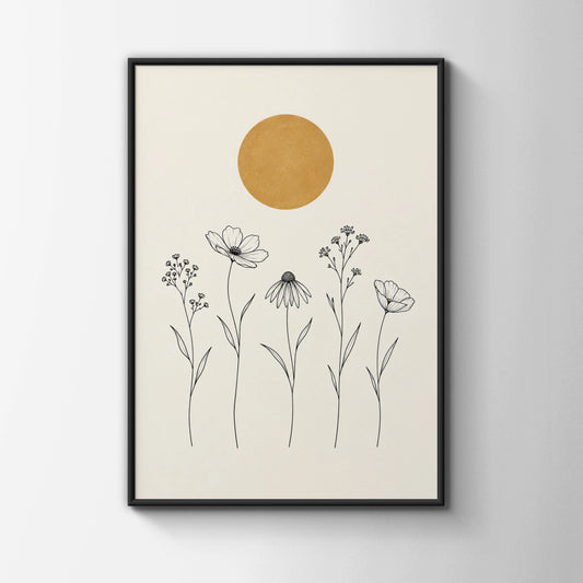 Wildflower Meadow Line Art Print, Gold Sun Botanical Wall Art, Minimalist Floral Poster