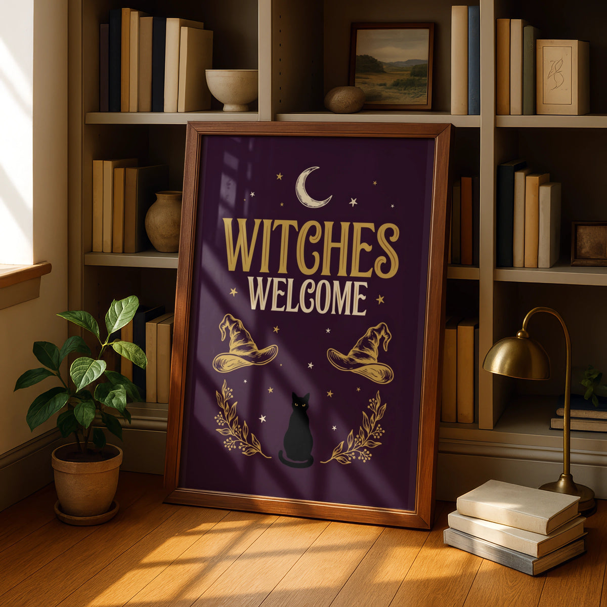 Witches Welcome Poster, Black Cat Moon Wall Art, Gothic Halloween Print, Dark Purple Gold