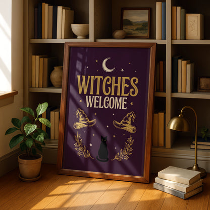 Witches Welcome Poster, Black Cat Moon Wall Art, Gothic Halloween Print, Dark Purple Gold