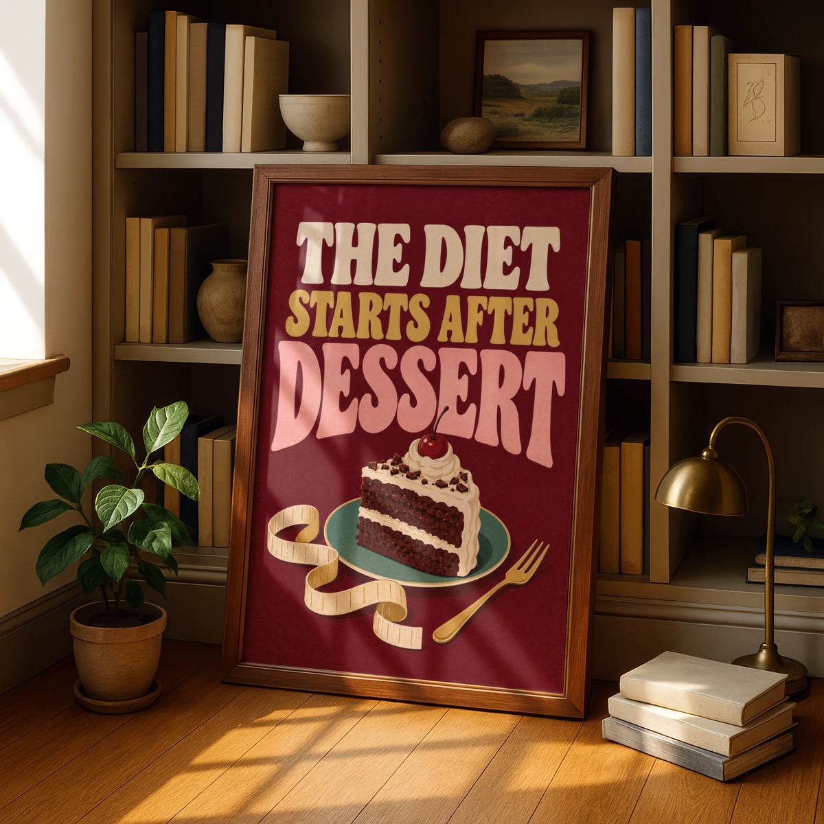 The Diet Starts After Dessert Funny Kitchen Poster, Retro Cake Wall Art Print