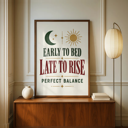 Early to Bed Late to Rise Funny Quote Poster, Sun Moon Wall Art, Bedroom Print