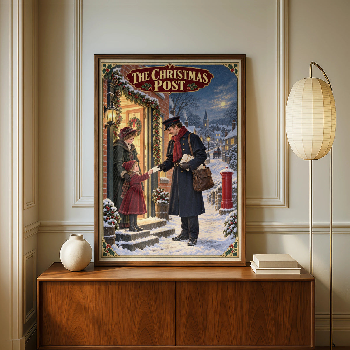 Victorian Christmas Postman Poster, Vintage Snowy Village Wall Art, Festive Holiday Print