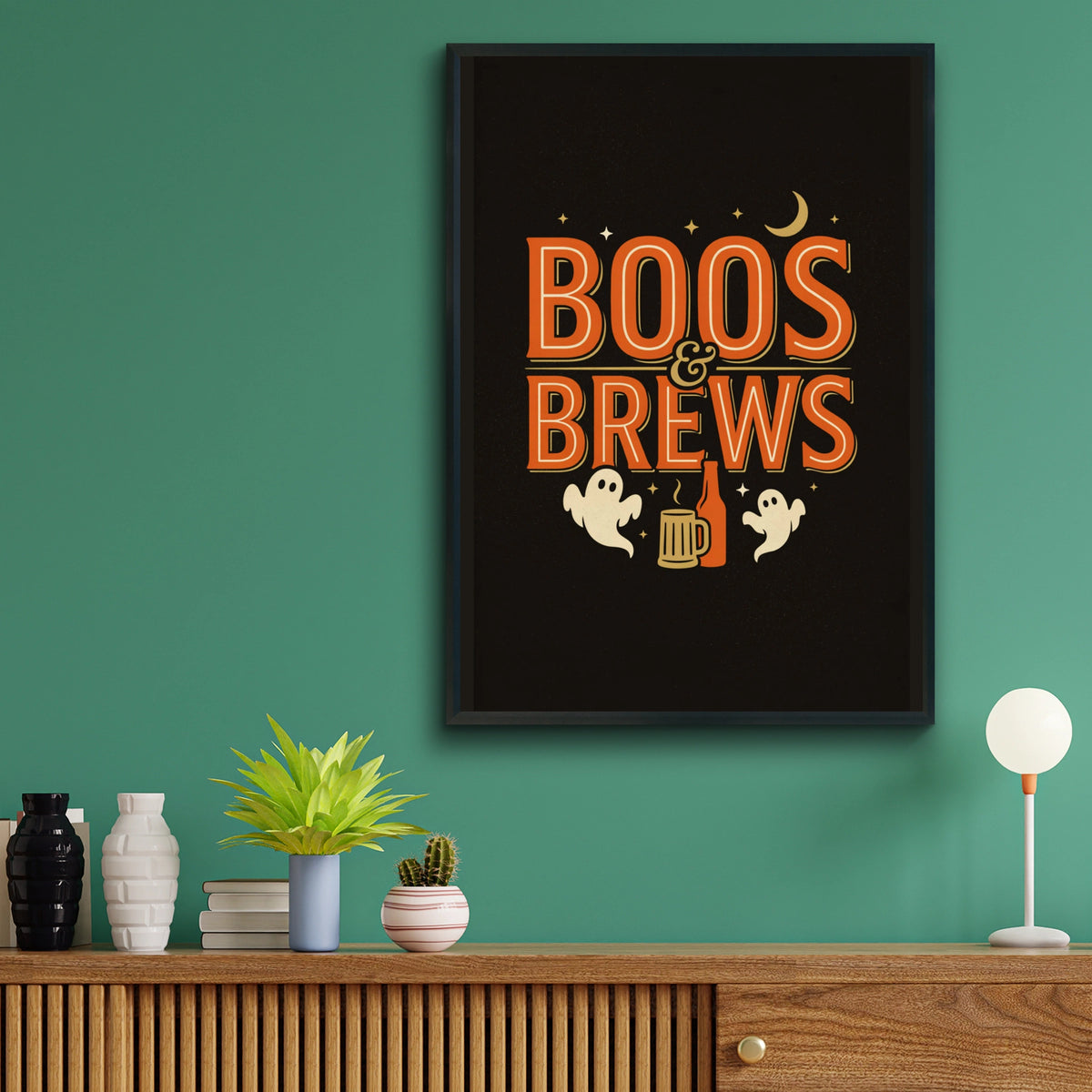 Boos and Brews Halloween Poster, Ghost Beer Print, Spooky Bar Wall Art, Orange Black