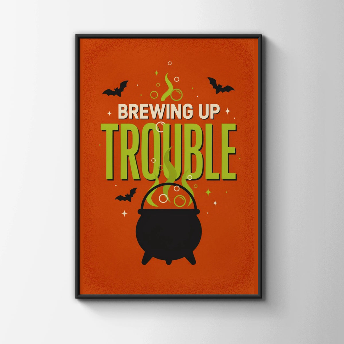 Brewing Up Trouble Halloween Poster, Witch Cauldron Wall Art, Orange Green Retro Print