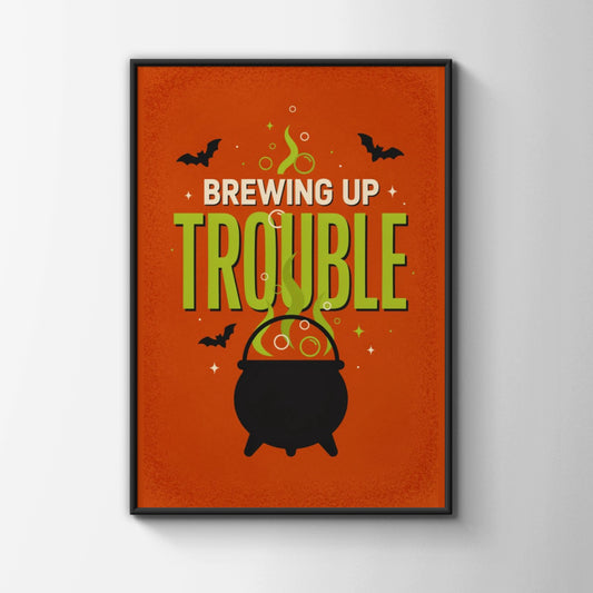 Brewing Up Trouble Halloween Poster, Witch Cauldron Wall Art, Orange Green Retro Print