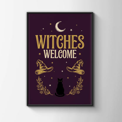 Witches Welcome Poster, Black Cat Moon Wall Art, Gothic Halloween Print, Dark Purple Gold