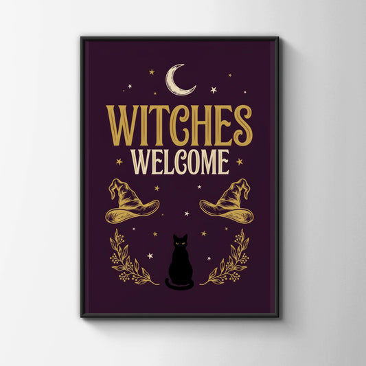 Witches Welcome Poster, Black Cat Moon Wall Art, Gothic Halloween Print, Dark Purple Gold