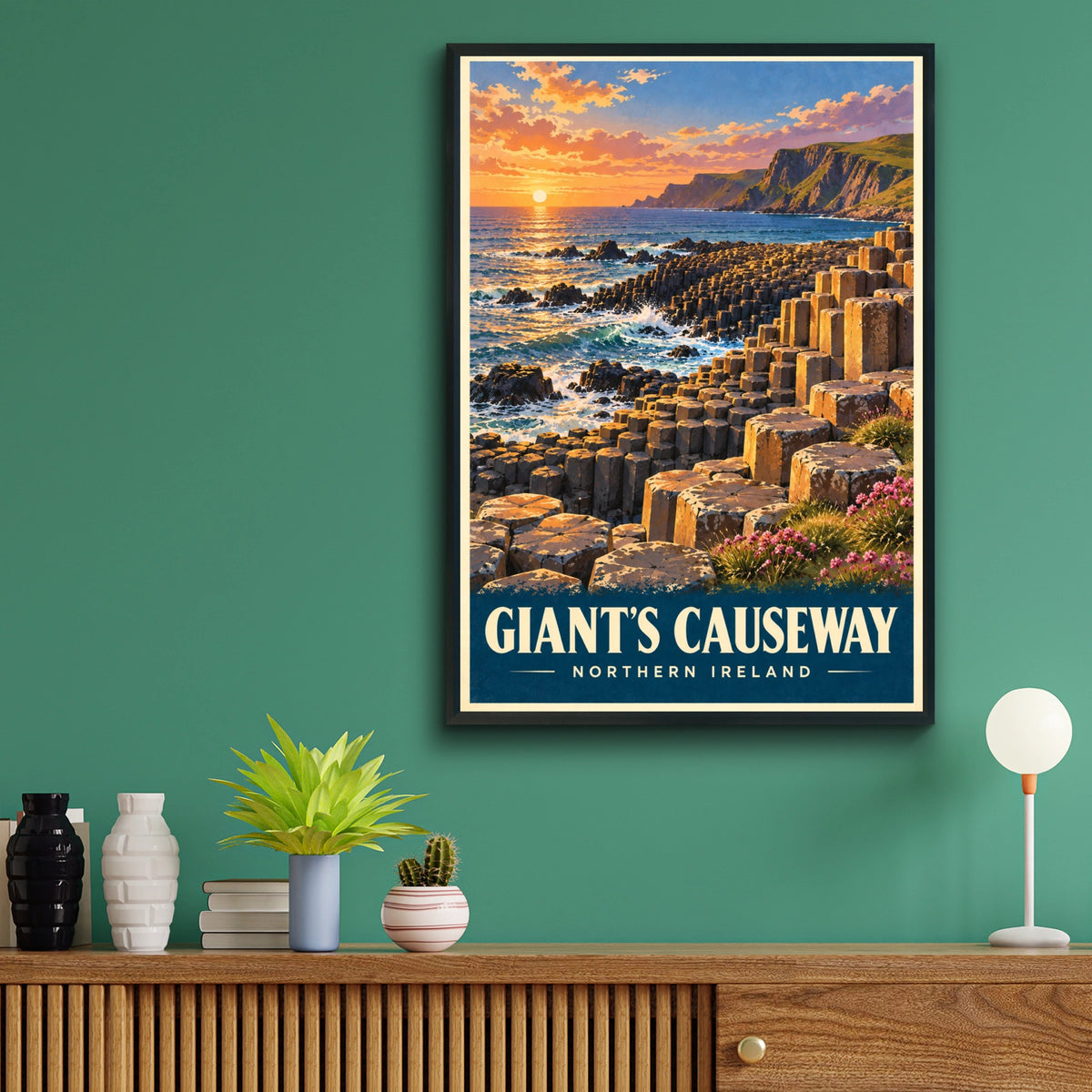 Giant's Causeway Poster, Northern Ireland Travel Print, Retro Coastal Wall Art, Sunset Basalt