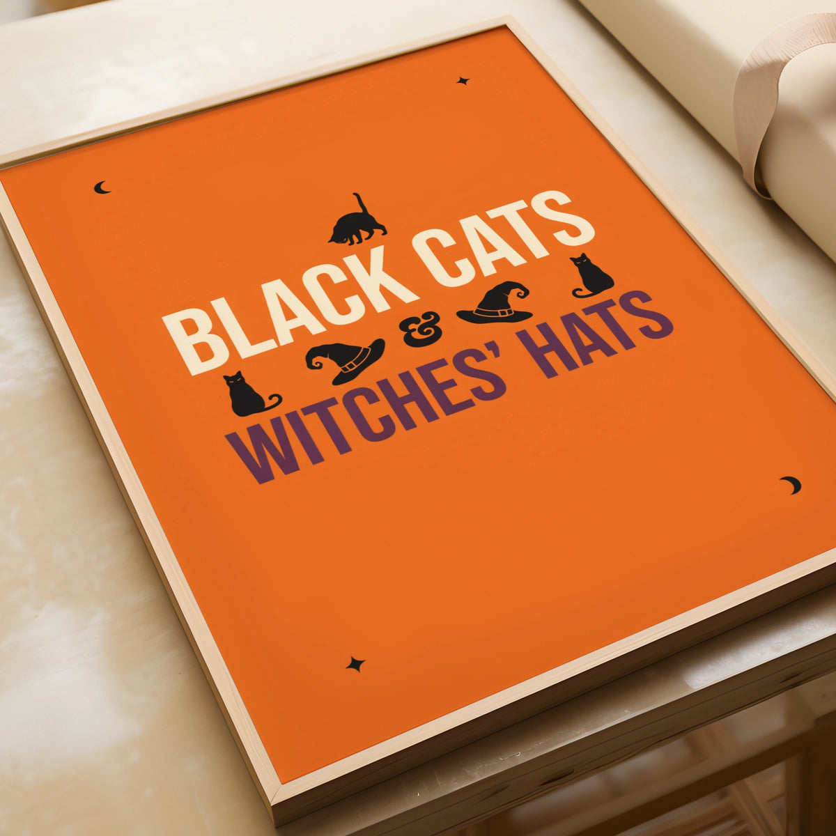 Black Cats and Witches Hats Halloween Poster, Orange Spooky Wall Art Print