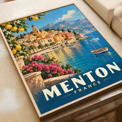 Menton France Travel Poster, French Riviera Wall Art, Vintage Mediterranean Print