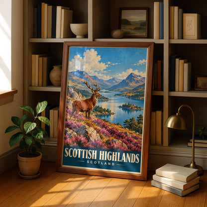 Scottish Highlands Scotland Poster, Red Deer Stag Print, Loch Mountain Wall Art, Vintage Travel