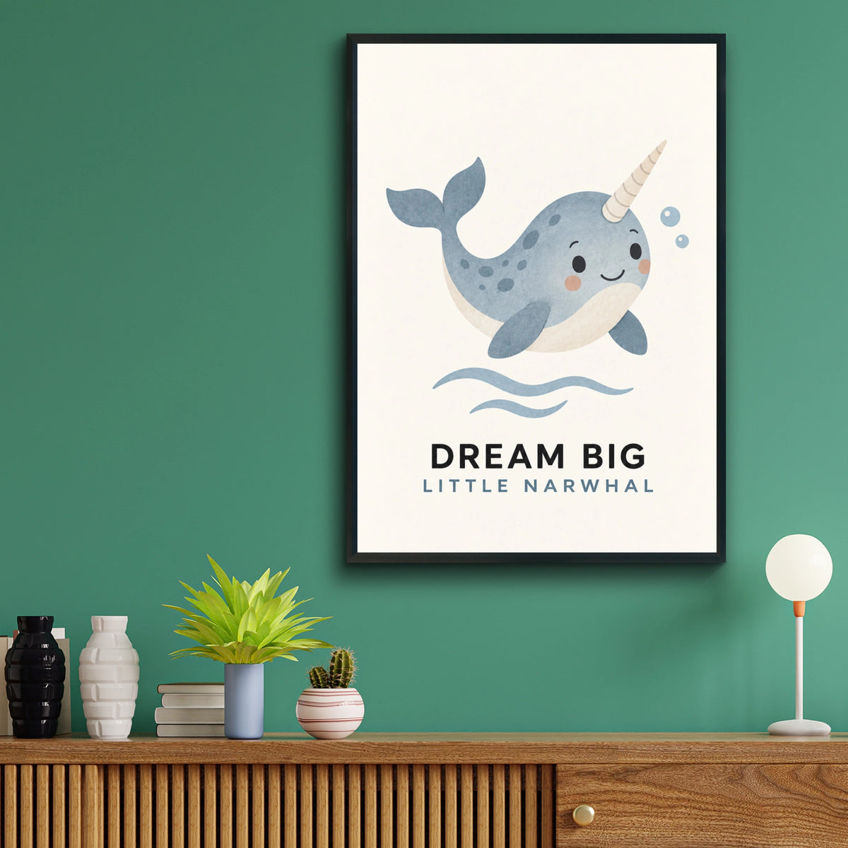 Dream Big Little Narwhal Poster, Cute Ocean Nursery Wall Art, Blue Kids Print