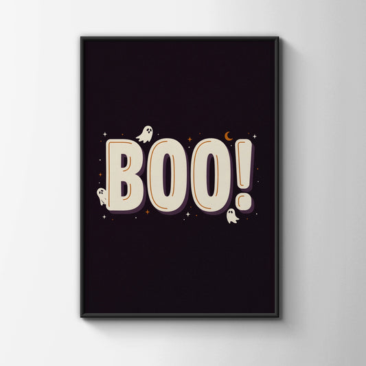 Boo Halloween Ghost Poster, Spooky Wall Art, Dark Purple Retro Typography Print