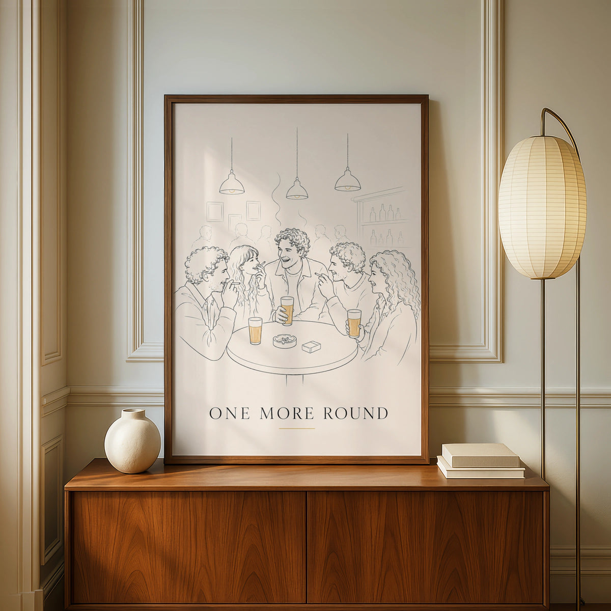 One More Round Pub Poster, Friends Bar Wall Art, Vintage Cream Line Drawing Print