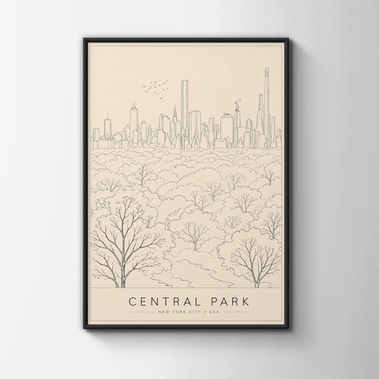Central Park New York City Poster, NYC Skyline Line Art Print, Minimalist Travel Wall Art