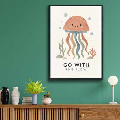 Go With The Flow Jellyfish Poster, Cute Ocean Kids Wall Art, Boho Nursery Print
