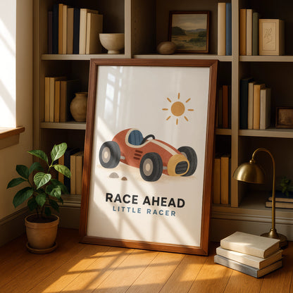 Race Ahead Little Racer Boys Nursery Poster, Vintage Racing Car Kids Wall Art Print