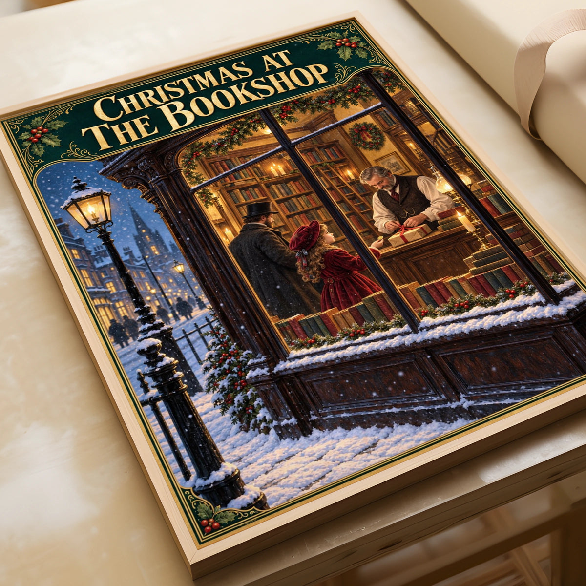 Christmas at the Bookshop Poster, Victorian Bookstore Wall Art, Festive Reading Print