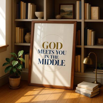 God Meets You In The Middle Christian Faith Poster, Navy Gold Quote Wall Art