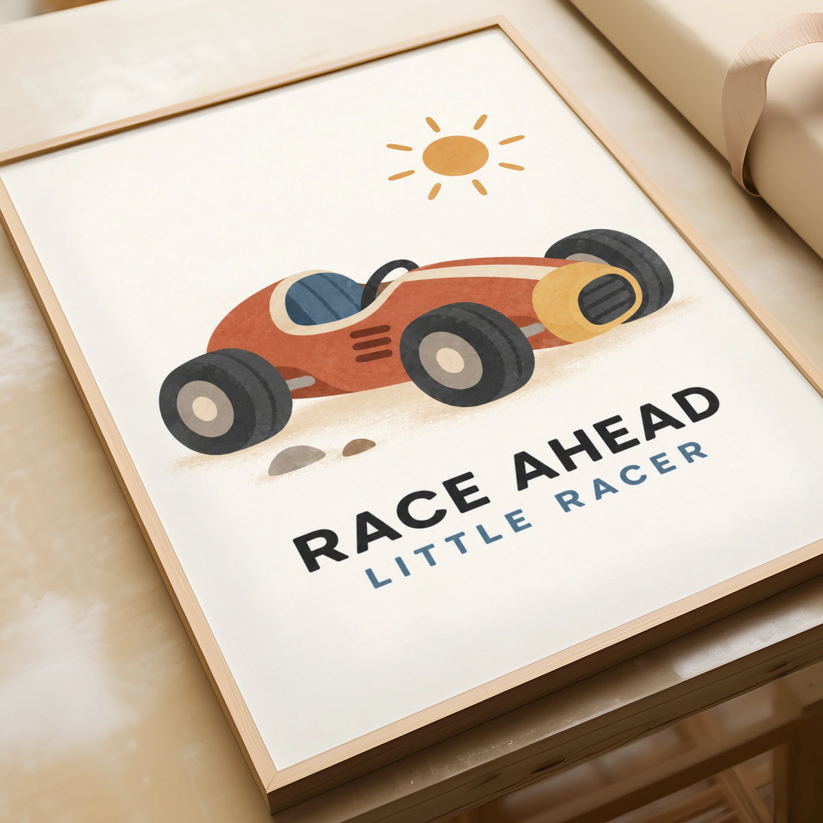 Race Ahead Little Racer Boys Nursery Poster, Vintage Racing Car Kids Wall Art Print