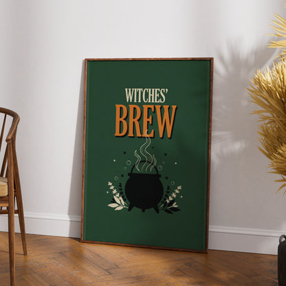 Witches Brew Cauldron Poster, Halloween Wall Art, Dark Green Witch Print, A3