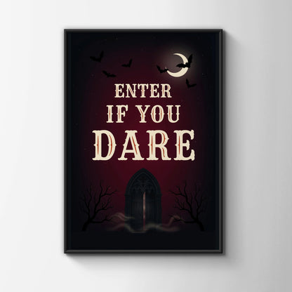 Enter If You Dare Halloween Poster, Spooky Gothic Wall Art, Dark Red Bat Moon Print