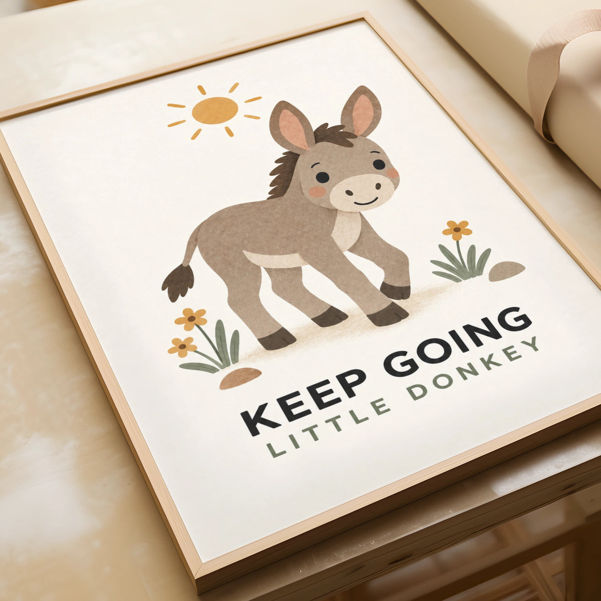 Keep Going Little Donkey Poster, Cute Farm Animal Print, Kids Nursery Wall Art