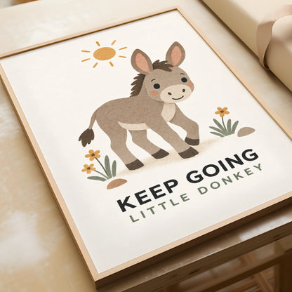Keep Going Little Donkey Poster, Cute Farm Animal Print, Kids Nursery Wall Art
