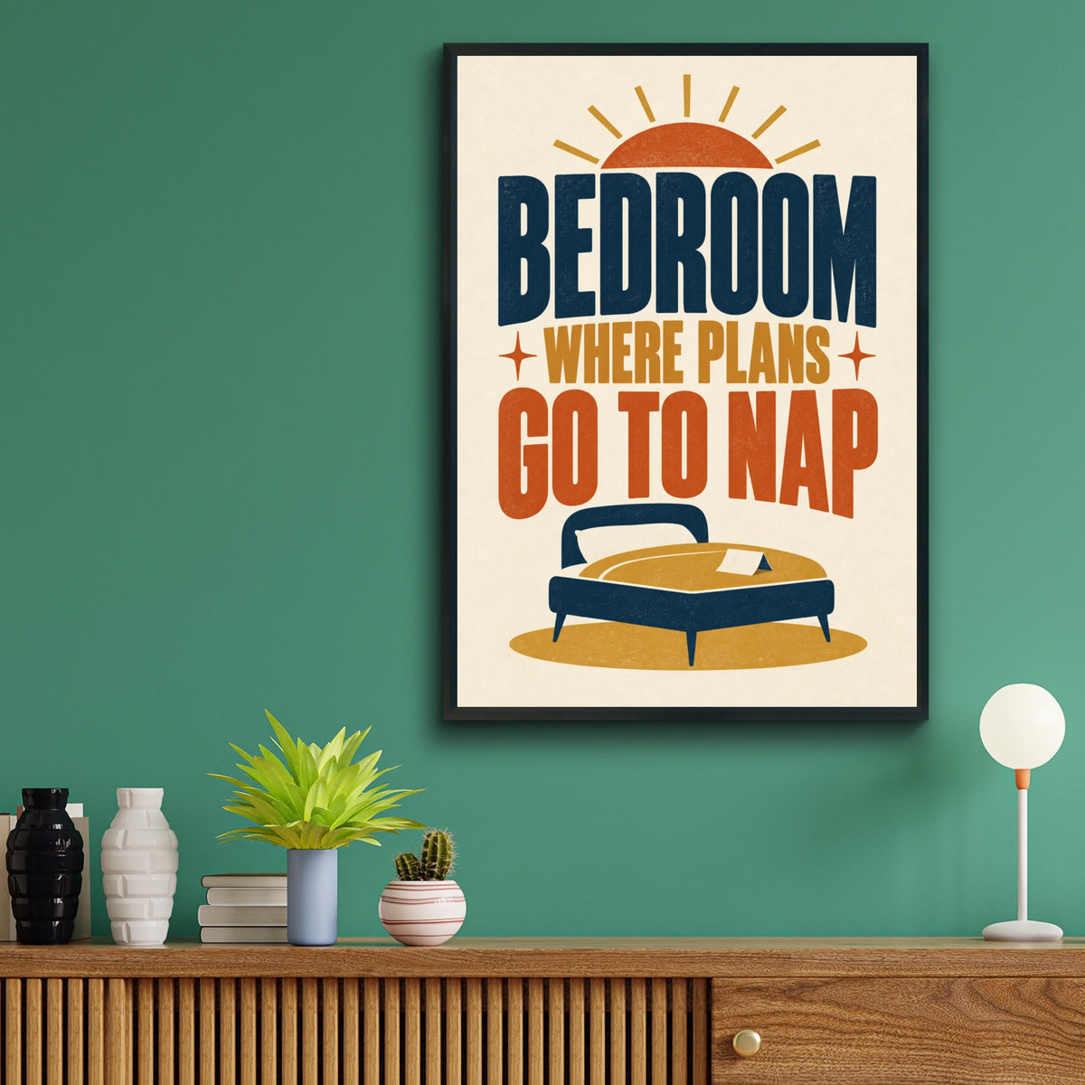 Bedroom Where Plans Go To Nap Funny Quote Print, Retro Typography Poster, Navy Gold