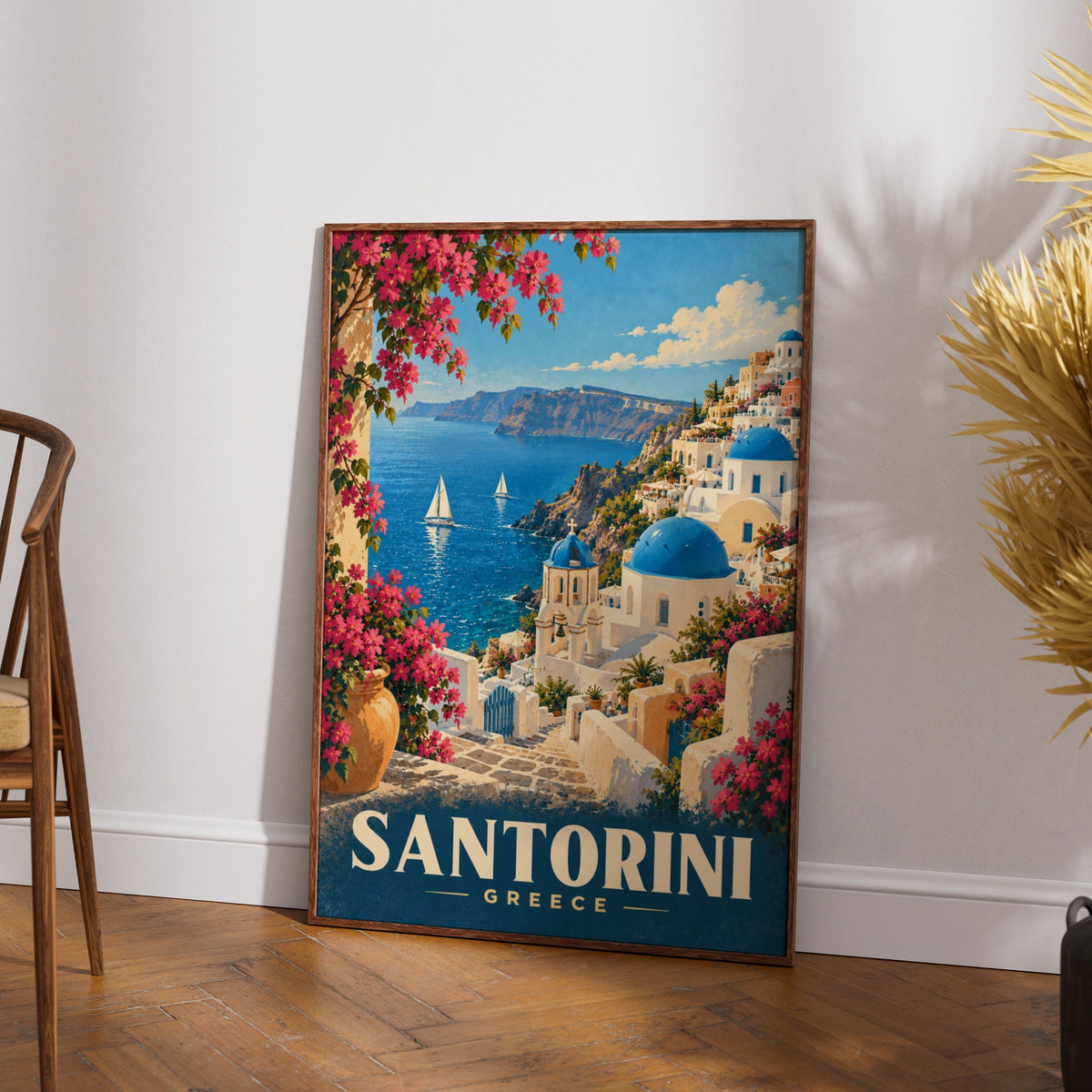 Santorini Greece Travel Poster, Mediterranean Wall Art, Blue Dome Church Print