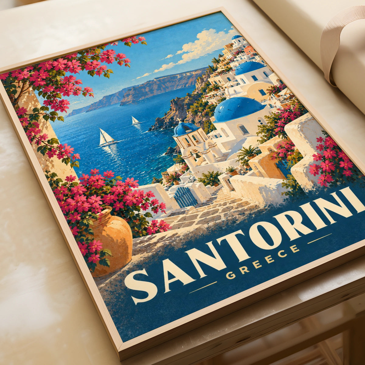 Santorini Greece Travel Poster, Mediterranean Wall Art, Blue Dome Church Print