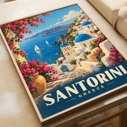 Santorini Greece Travel Poster, Mediterranean Wall Art, Blue Dome Church Print