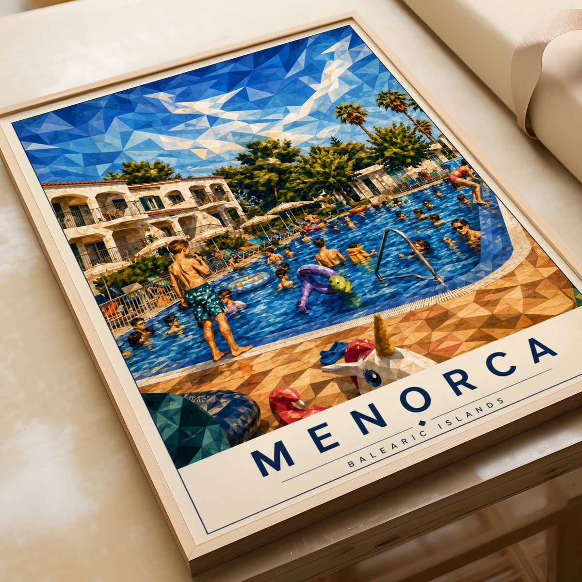 Menorca Travel Poster, Balearic Islands Pool Print, Spain Holiday Wall Art, Geometric Low Poly