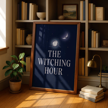 The Witching Hour Halloween Poster, Gothic Bat Moon Clock Wall Art, Dark Navy Print