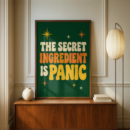 The Secret Ingredient Is Panic Poster, Funny Kitchen Wall Art, Retro Green Print