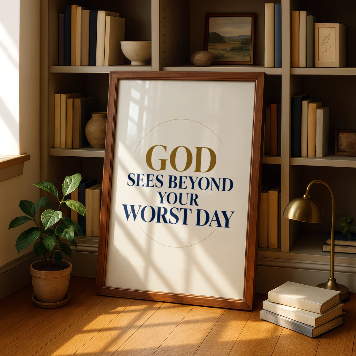 God Sees Beyond Your Worst Day Christian Poster, Faith Wall Art, Navy Gold Print