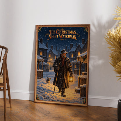 Victorian Christmas Night Watchman Poster, Snowy Village Wall Art, Vintage Festive Print