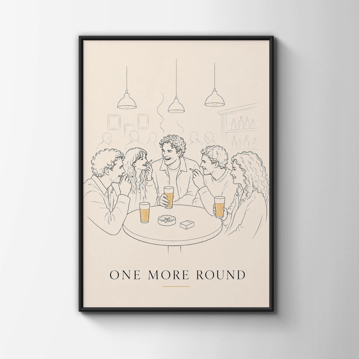 One More Round Pub Poster, Friends Bar Wall Art, Vintage Cream Line Drawing Print