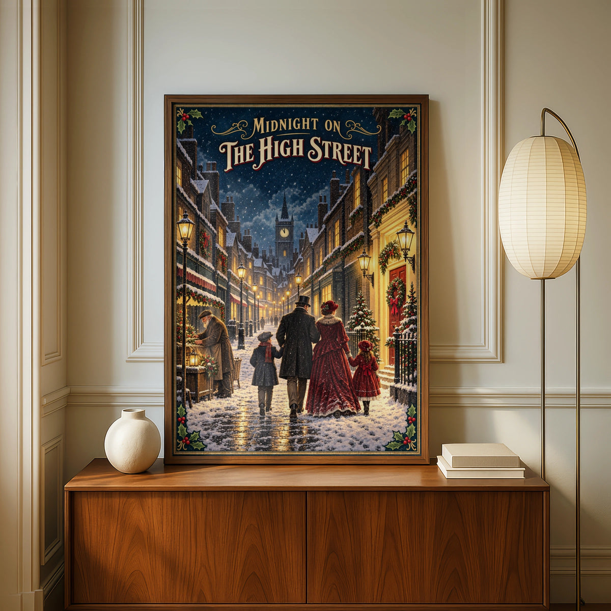Victorian Christmas Street Scene Poster, Midnight High Street, Snowy Dickensian Wall Art Print