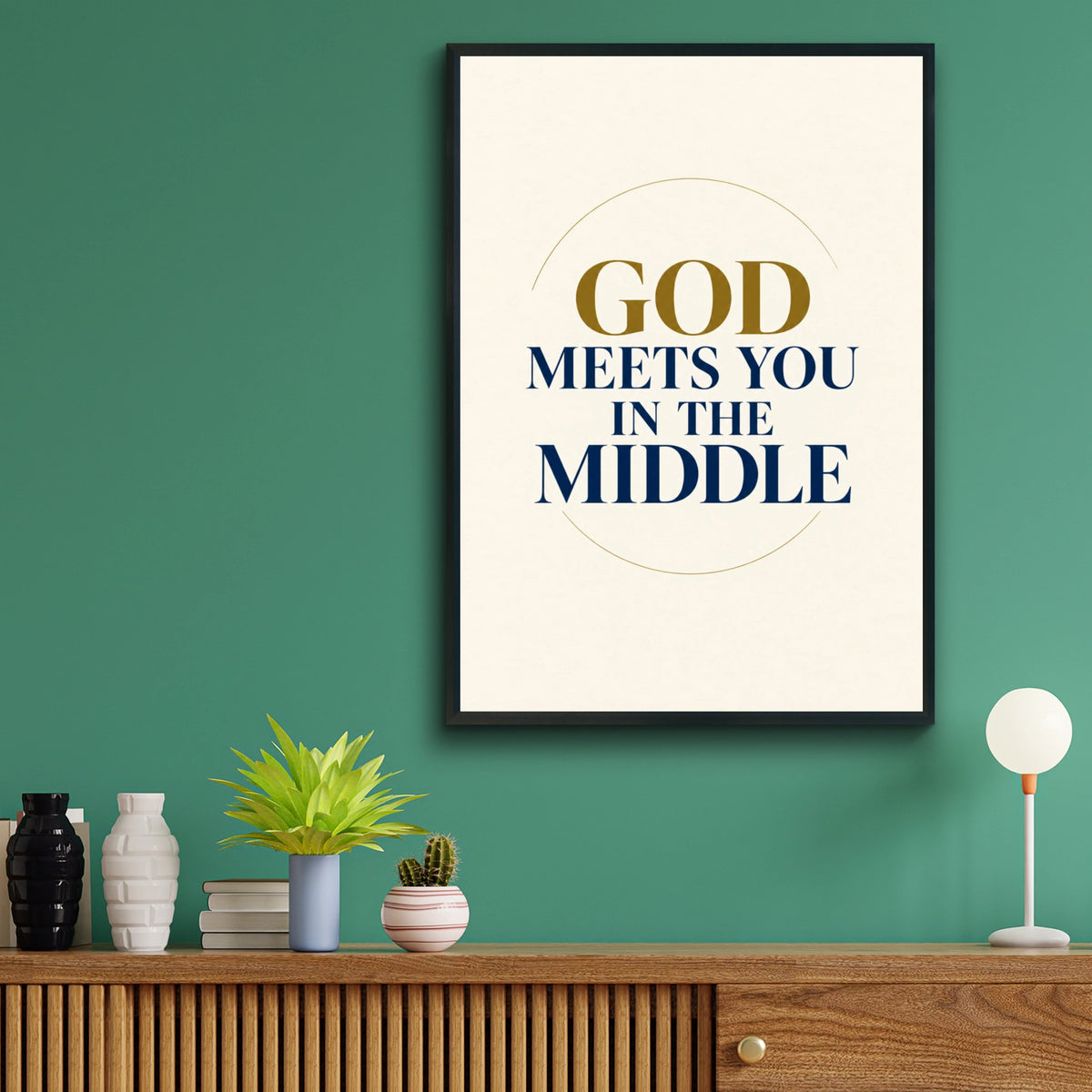 God Meets You In The Middle Christian Faith Poster, Navy Gold Quote Wall Art