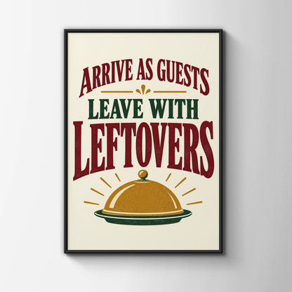 Arrive As Guests Leave With Leftovers Funny Kitchen Quote Print, Dining Room Wall Art