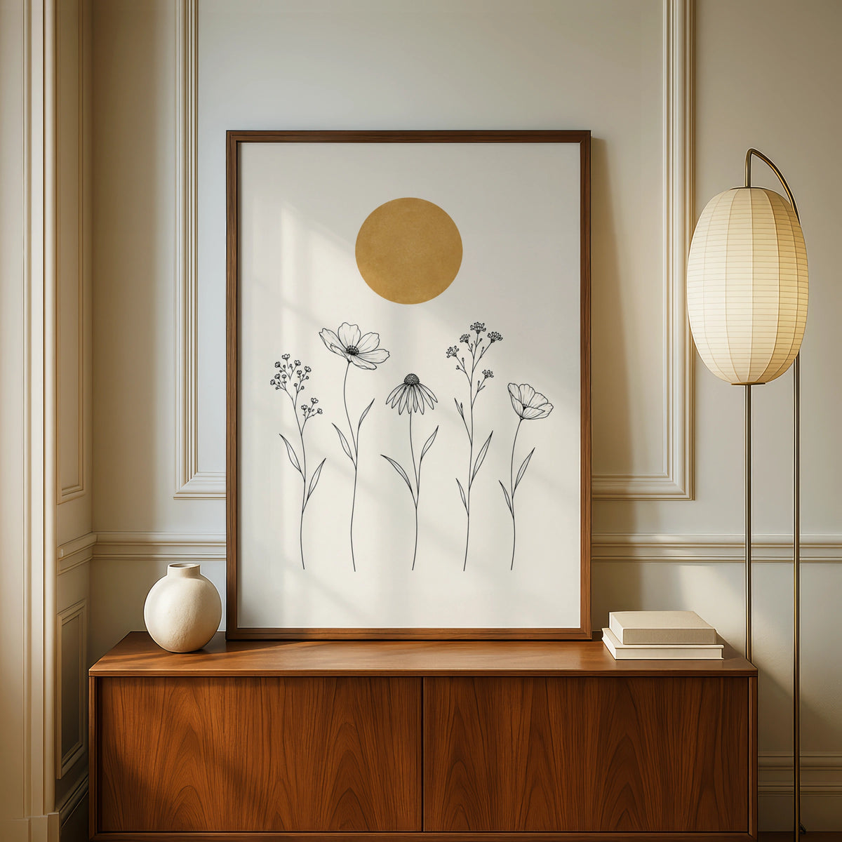 Wildflower Meadow Line Art Print, Gold Sun Botanical Wall Art, Minimalist Floral Poster